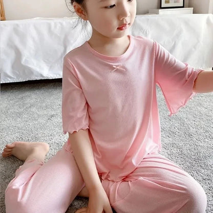 Girls Ice Silk Thin Pajamas Outfit Set