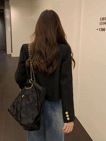French Wool Tweed High-end Gold Button Short Slim  Korean Jacket