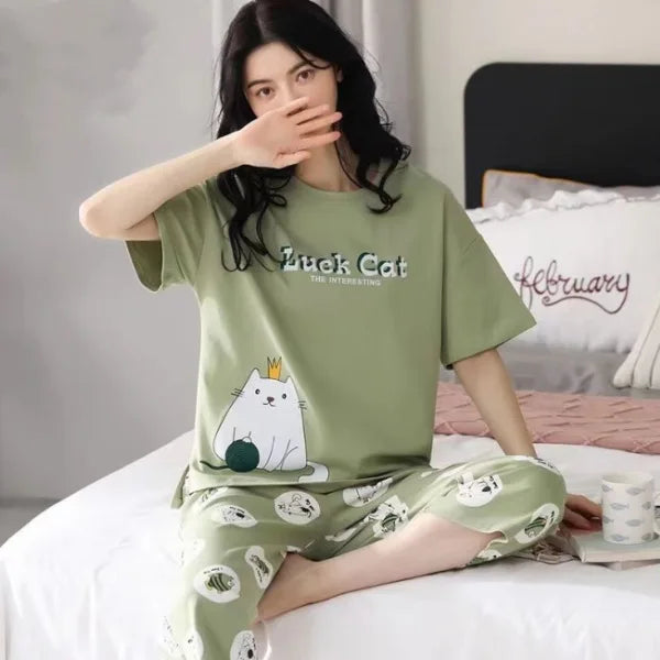 Plus Size Silk Sleepwear Short-Sleeved Pajamas