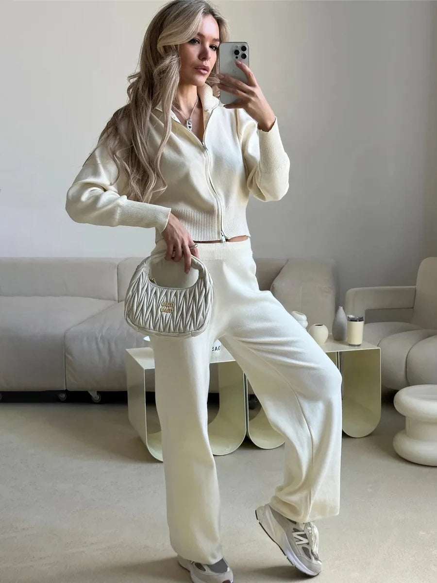 Knit Zip Up Cardigan Wide Leg Soft Fabric Cropped Sets