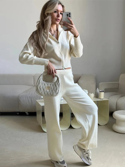 Knit Zip Up Cardigan Wide Leg Soft Fabric Cropped Sets
