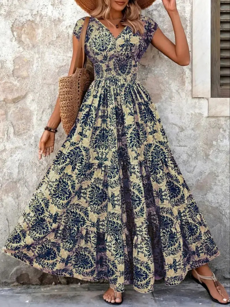 Vintage Floral Print Elegant V-Neck Short Sleeve Dress