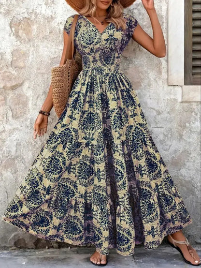 Vintage Floral Print Elegant V-Neck Short Sleeve Dress