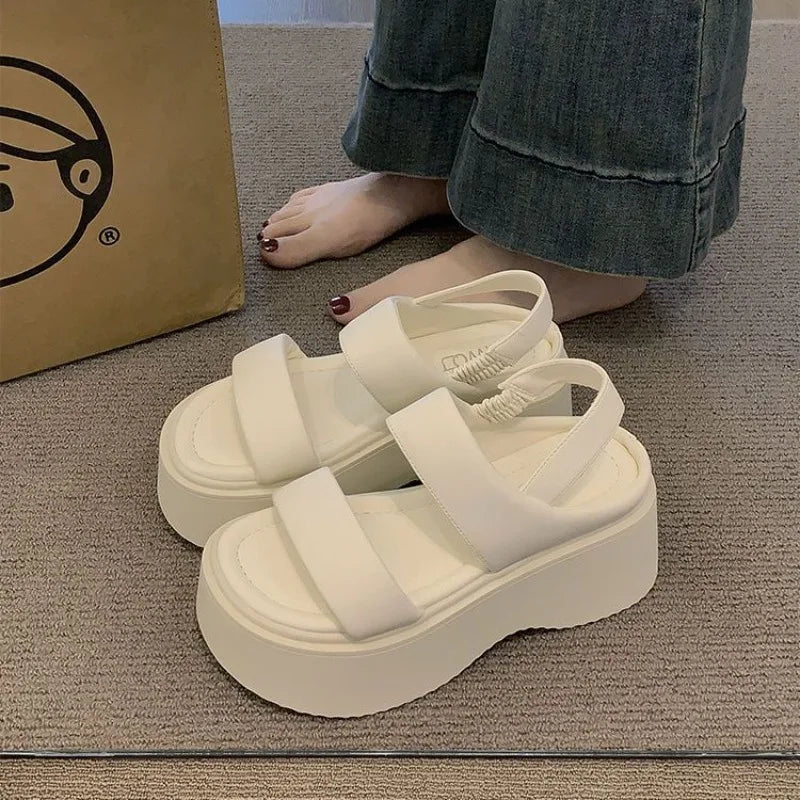 Chunky 8CM High Heels Leather Thick Bottom Flip Flops
