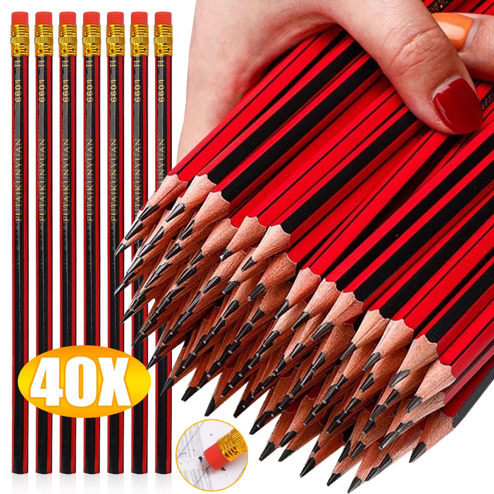 40/30/10PCS Wooden Lead Pencils with Eraser Stationery