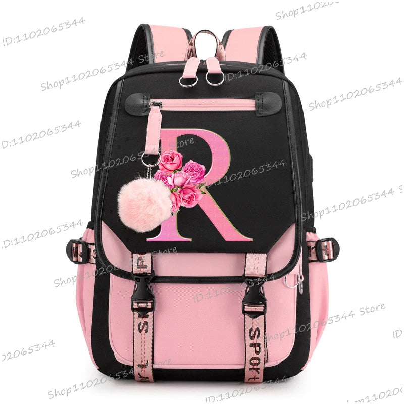 Black Pink Backpacks 26 Initials Flower A-Z Alphabet Large Capacity Students Bookbag