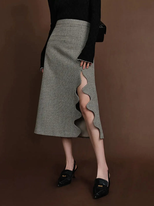 Maxi High Waist Tweed Long Skirt