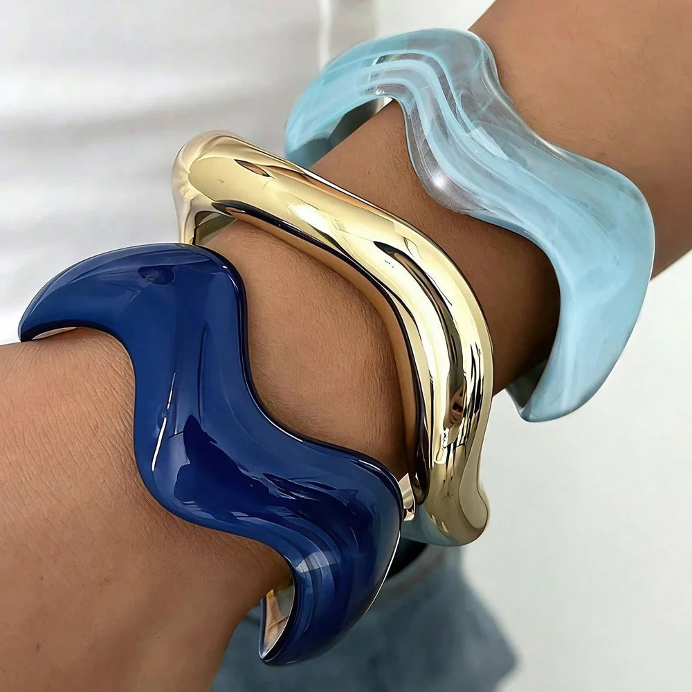 3 Pcs Vintage Minimalist Wavy Cuff Bangle Chunky Stackable Bracelets Set
