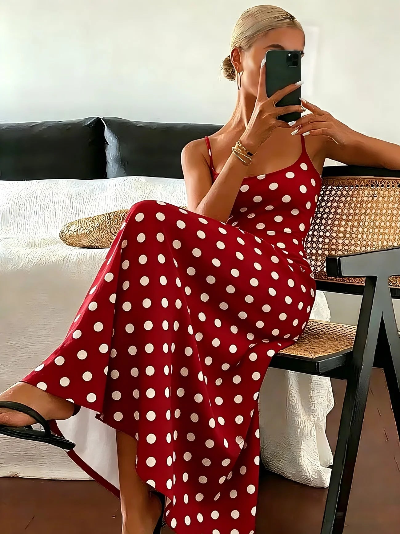 Elegant Polka Dot Print Slimming Midi Dress