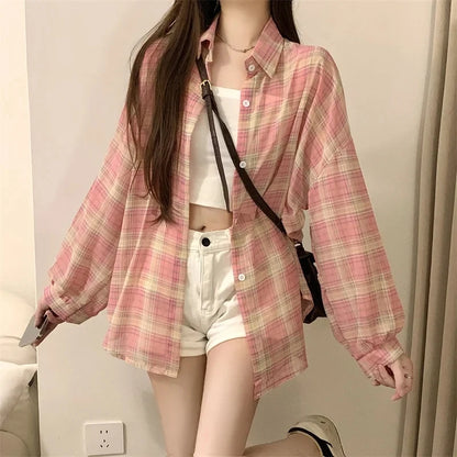 Sheer Chiffon Plaid Oversized Shirt