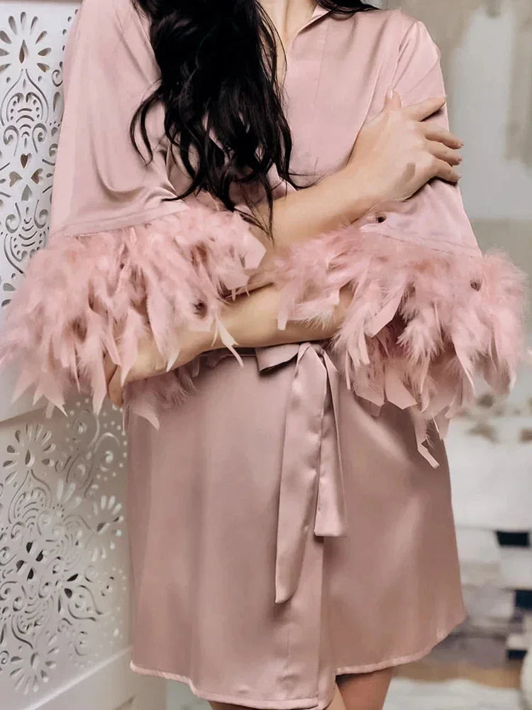 White Feather Robe With Fur Full Satin Robes