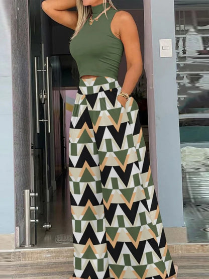 Casual Sleeveless Tank Top Wide Leg Pants Set