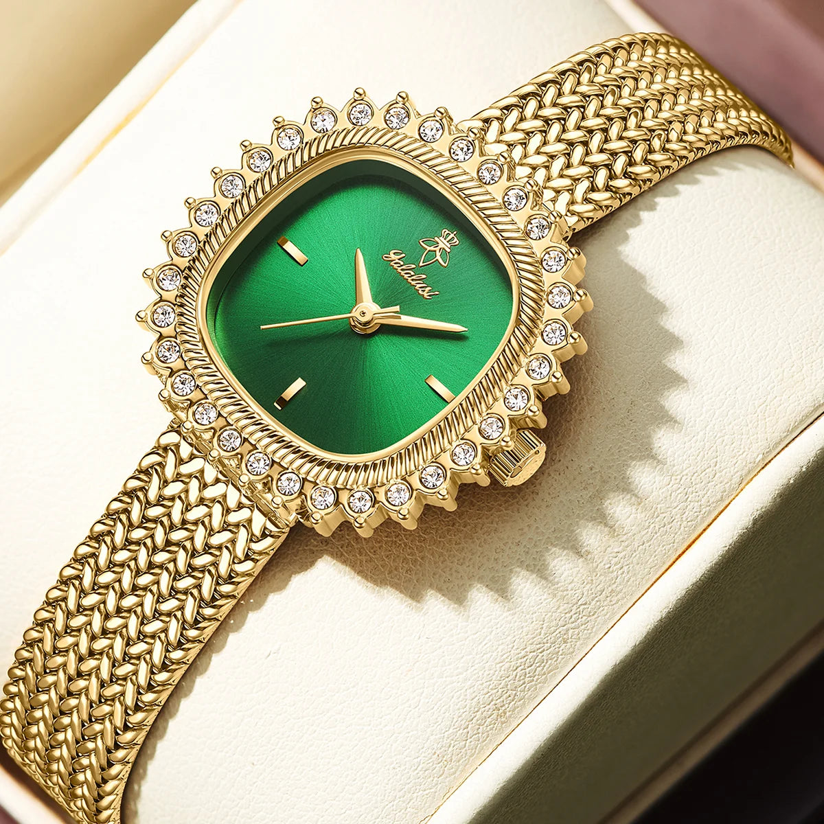 Luxury Sunflower Patterned Bezel Square Quartz Movement Watch