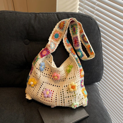 Large Capacity Boho Tote Floral Crochet Handbag