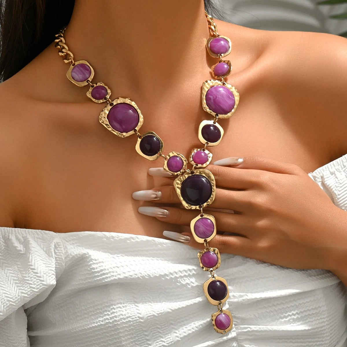 Y-Shaped Long Chunky Chain with Geometric Pendant Bohemian Necklace