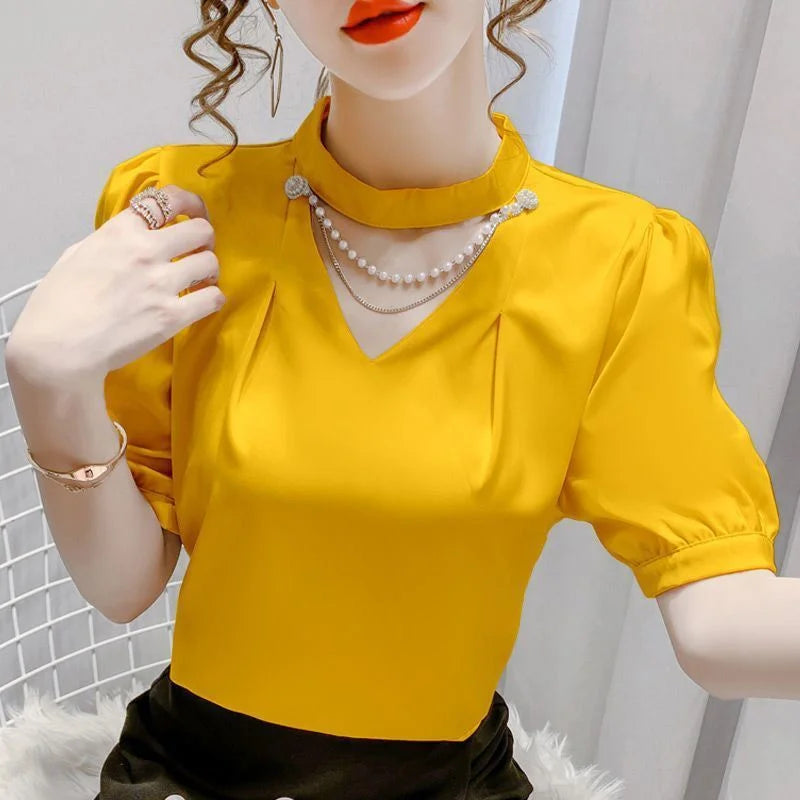 Casual Puff Short Sleeve Pearl Shirt