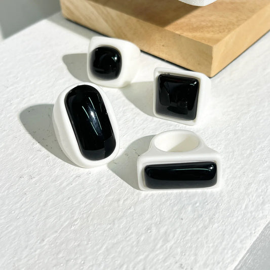 Minimalism Black White Irregular Geometric Resin Rings