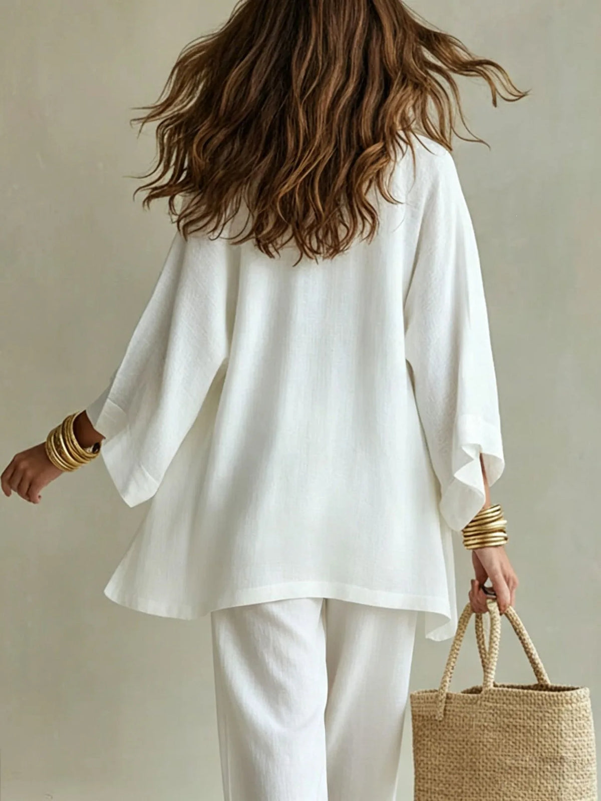 White V Neck Tank Top Wide Leg Pants Kimono Cardigan 3 Piece Set