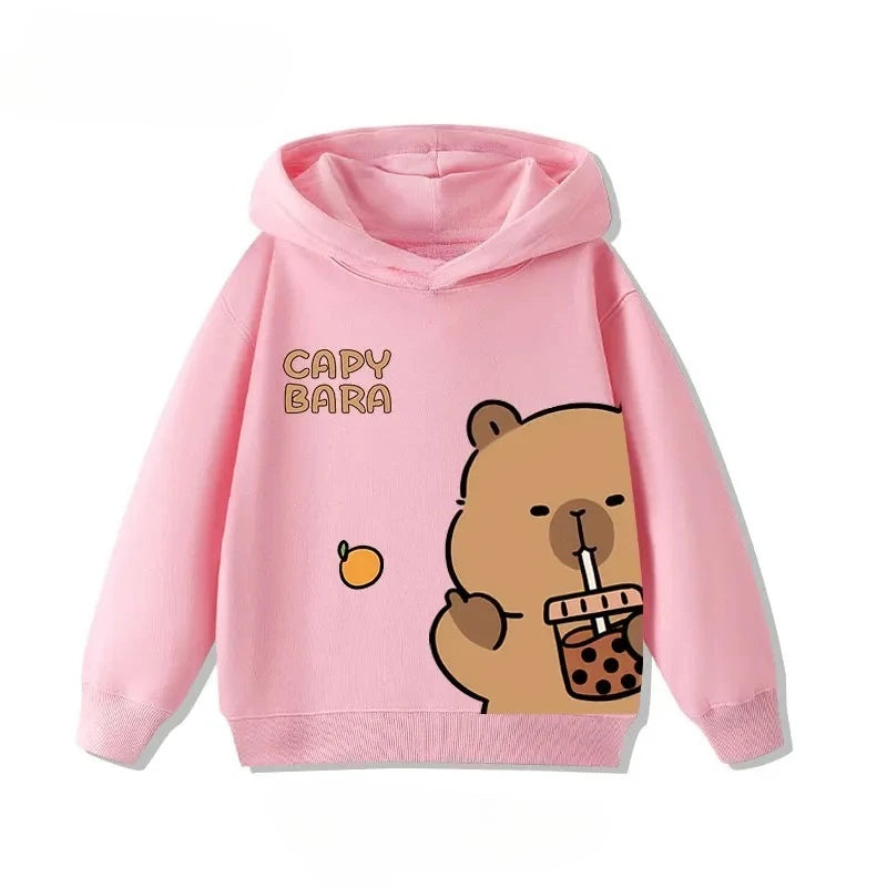 Autumn Winter Cartoon Cute Capybara Print Hooded Pullover