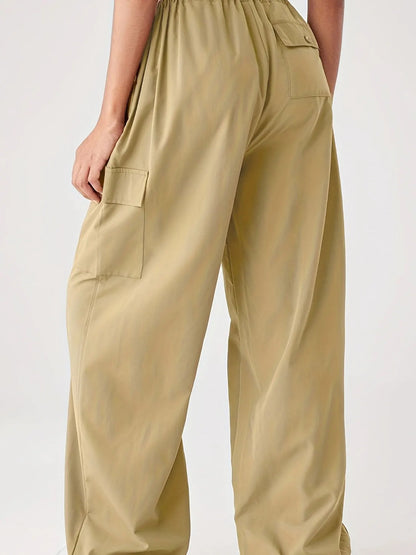 Cargo Wide Leg Elastic Drawstring Waist Pocketed Loose Fit Pants