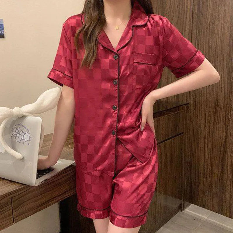 Jacquard Lattice Ice Silk Short-Sleeved Shorts Suit Sleepwear