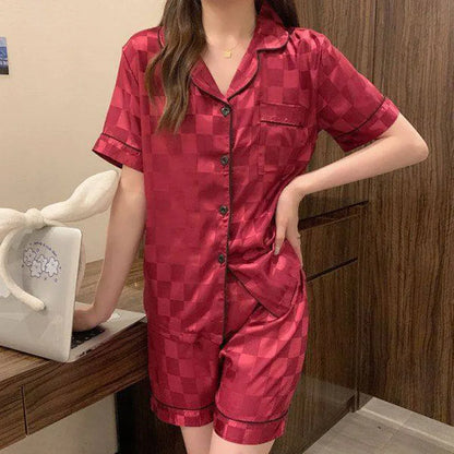 Jacquard Lattice Ice Silk Short-Sleeved Shorts Suit Sleepwear