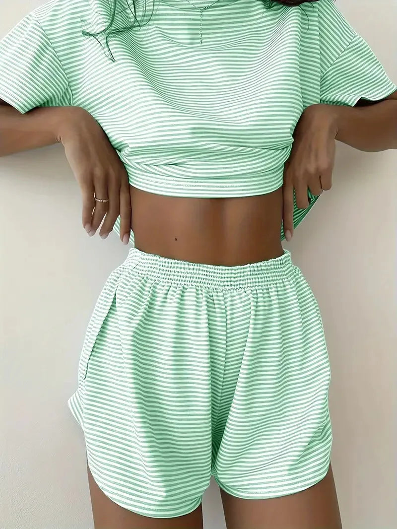 Striped Short-Sleeved T-Shirt and Shorts Home Wear Pajama