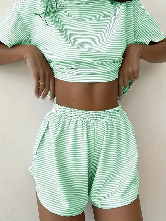 Striped Short-Sleeved T-Shirt and Shorts Home Wear Pajama
