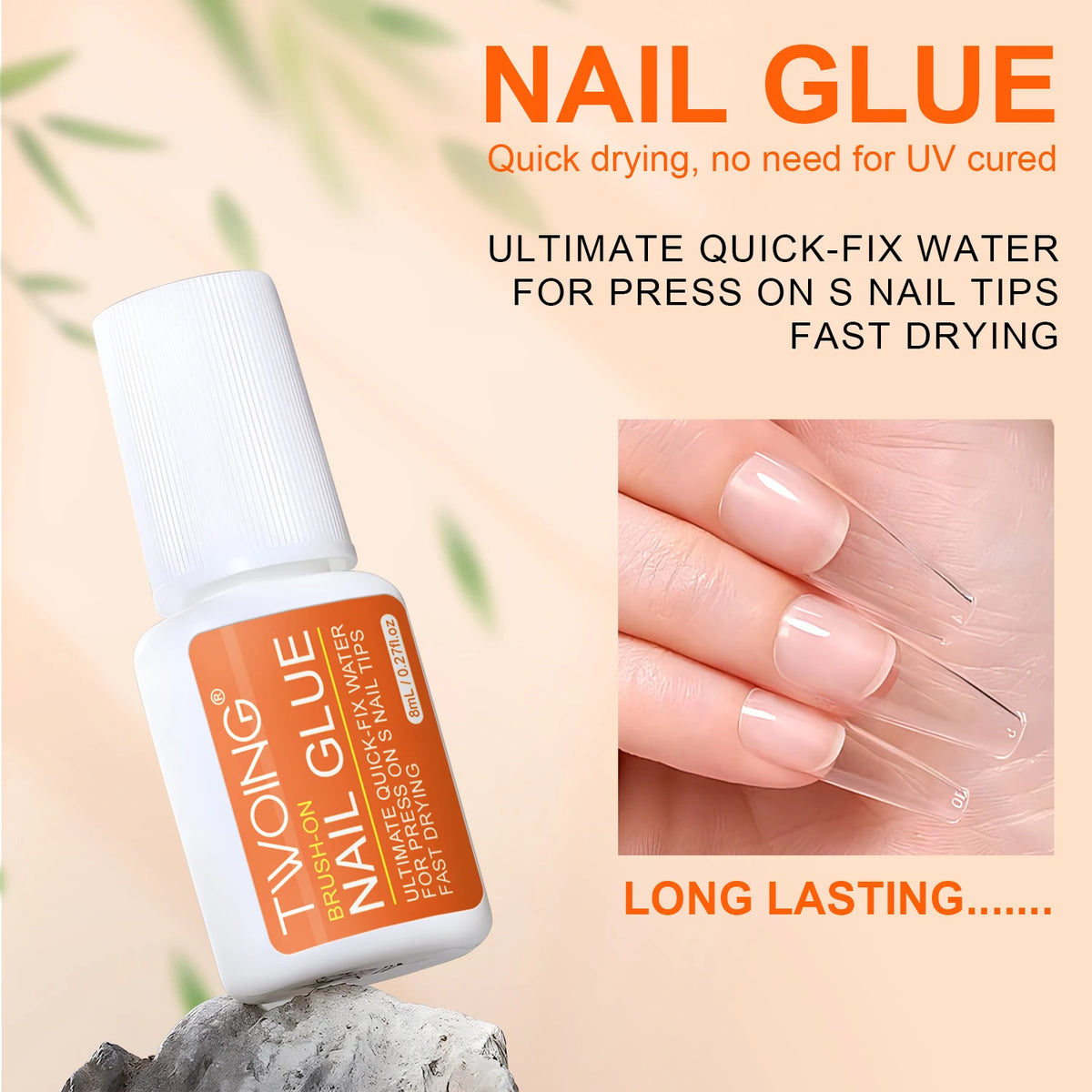 Twoing Waterproof Liquid Nail Adhesive,Long-Lasting & Fast-Drying Formaldehyde-Free Compatible with Acrylic Nails Fake Nails