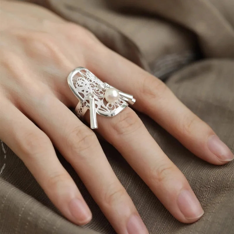Silver Geometric Handmade Irregular Tassel Ring
