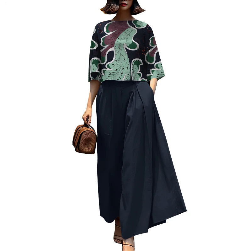 3/4 Sleeve Blouse Trousers Suits Wide Leg Pants Sets
