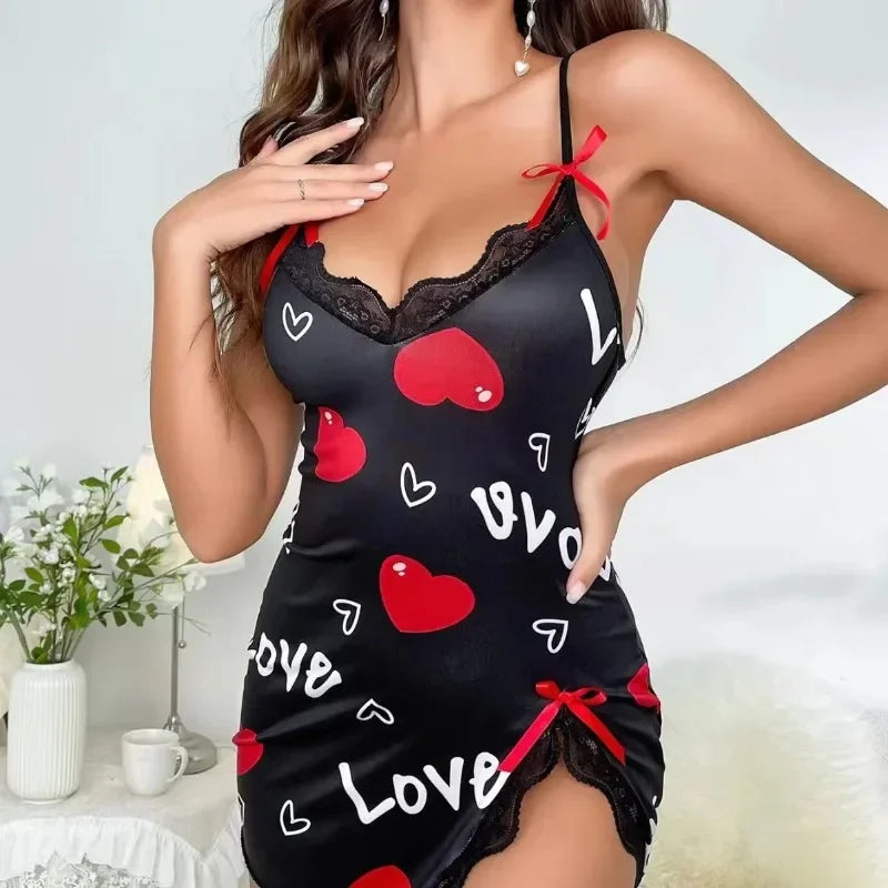 Printed Love Letter Black Sling Dress Pyjama