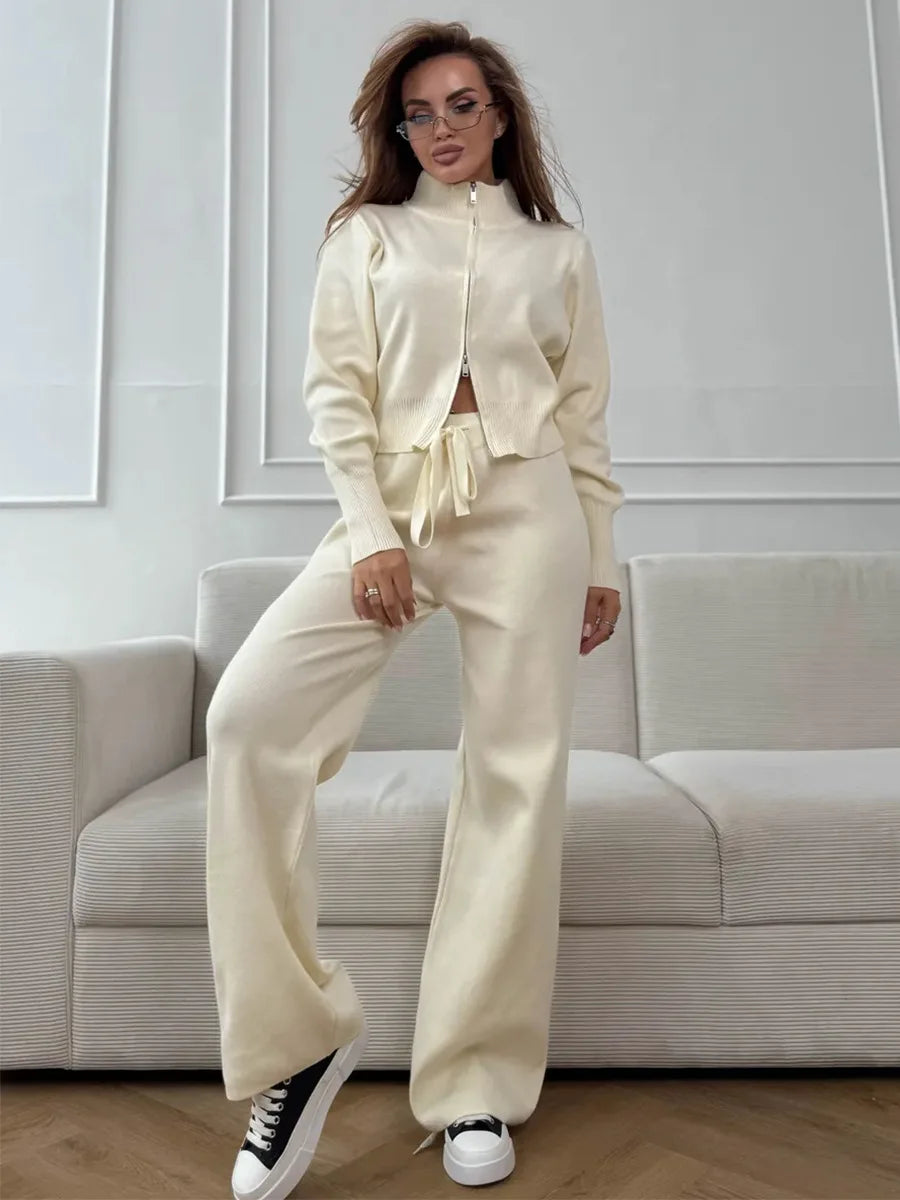 Knit Zip Up Cardigan Wide Leg Soft Fabric Cropped Sets