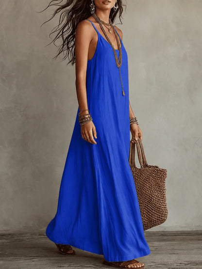 Loose Stain A-Line Long Dress with Thin Straps