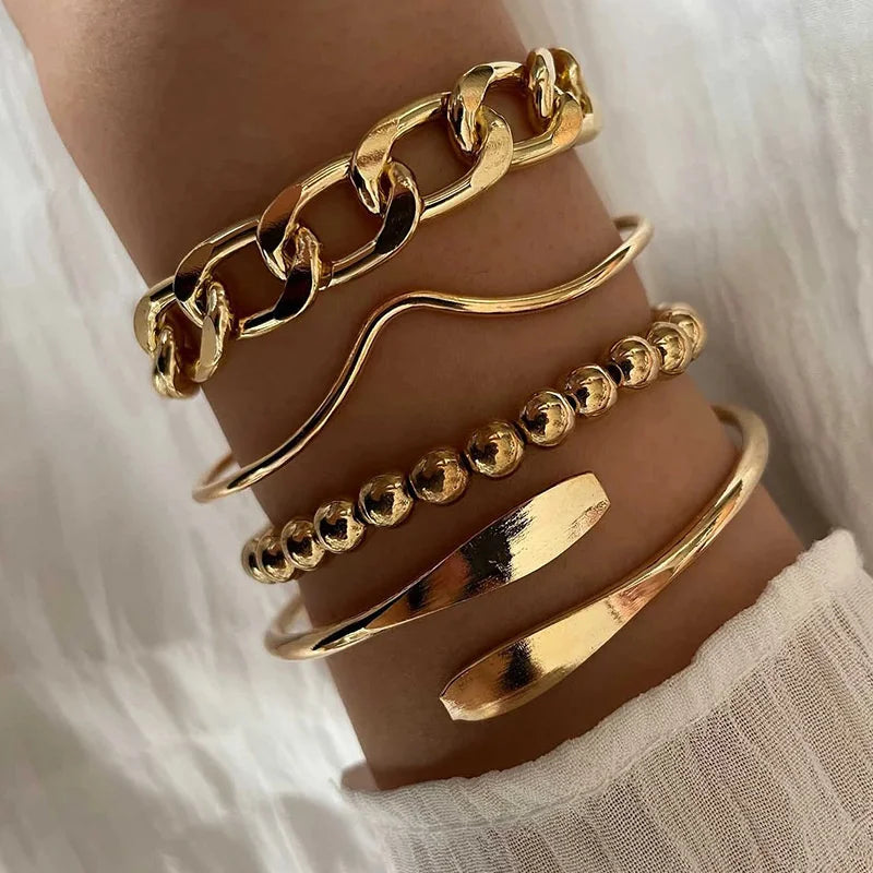 4pcs Punk Curb Cuban Chain Bracelets Set