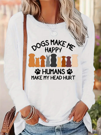 100% Pure Cotton Loose Letter Dog Print Round Neck Long Sleeved T-Shirt