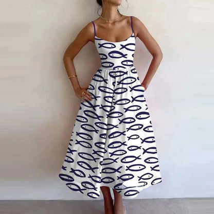 Print Suspenders Blue Ocean Fish Pattern Sexy Long dress