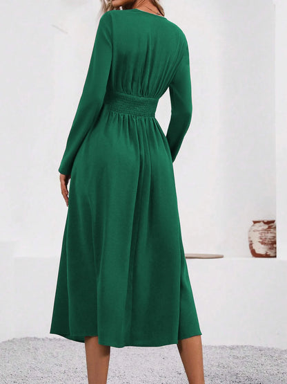 Elegant V-Neck Long Sleeve with Waist Shirring Bodycon Long Maxi Dress