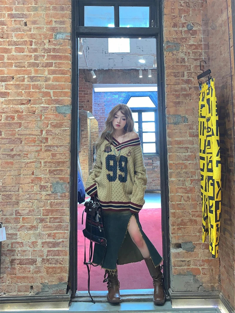 Oversized Korean Preppy Style Letter Print Loose Elegant Pullover Sweater
