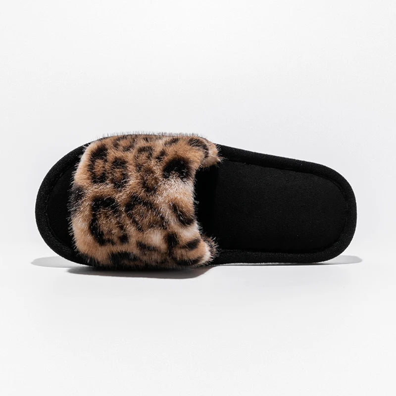 Leopard Print Plush Home Non-Slip Sole Soft Open Toe Slippers