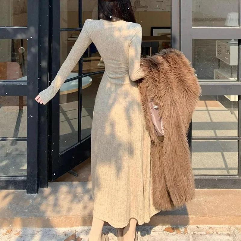 Elegant Slim High Waist Knit Long Sleeve Thick Warm Long Dress