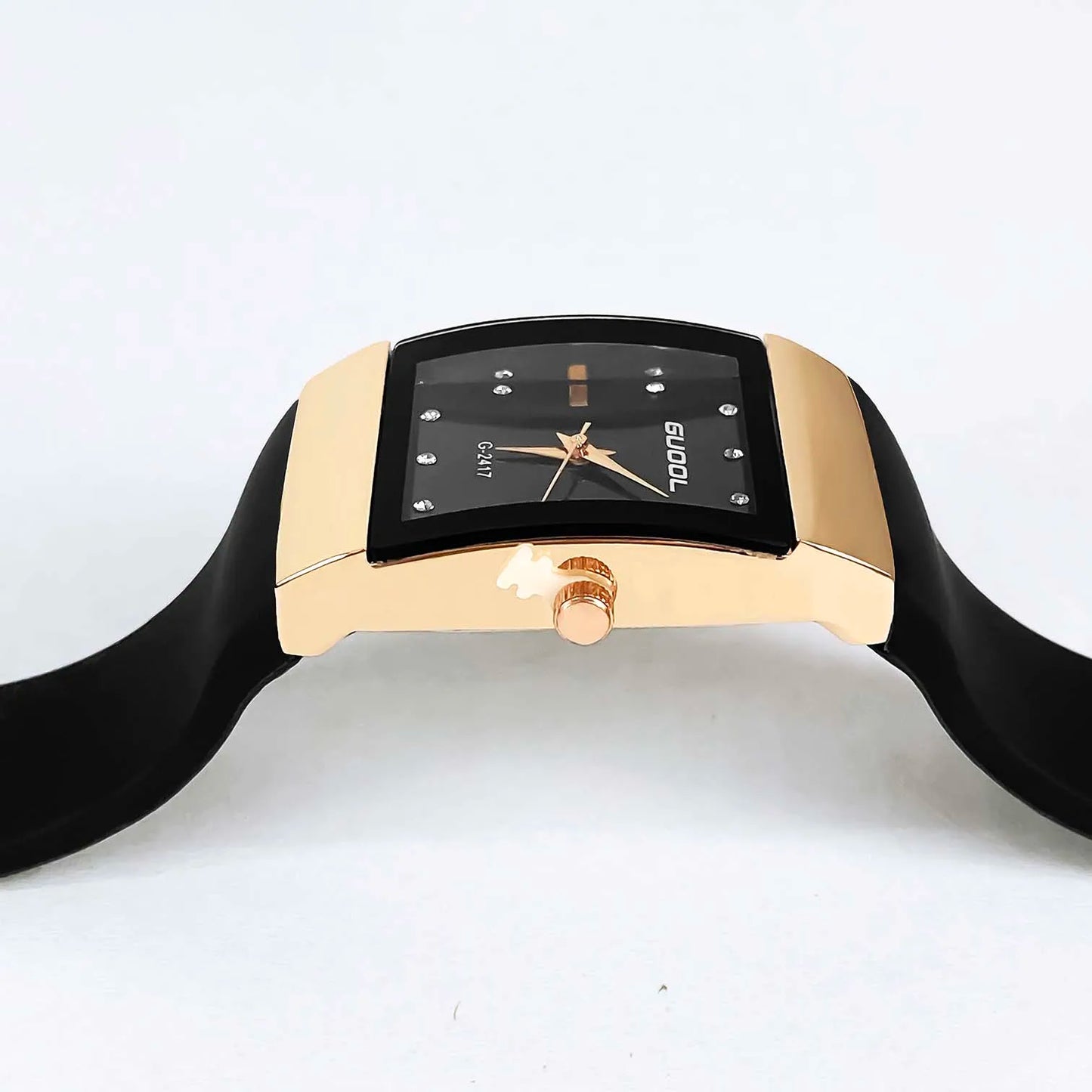 Quartz Rose Gold Square Case Black Silicone Strap Dial Crystal Watch