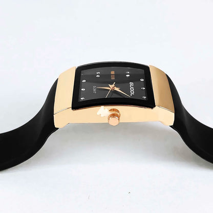 Quartz Rose Gold Square Case Black Silicone Strap Dial Crystal Watch