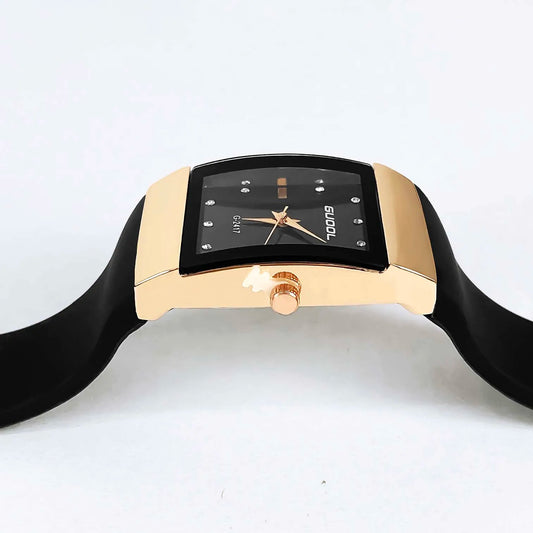 Quartz Rose Gold Square Case Black Silicone Strap Dial Crystal Watch