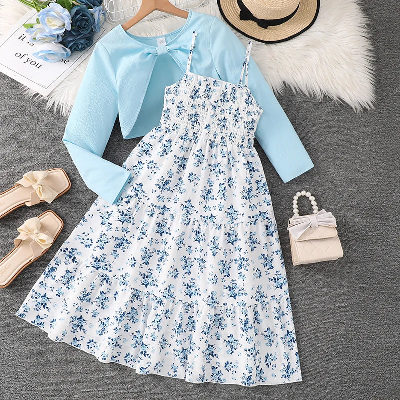 Kid Girl Long Sleeve Bow Sling Dress Set