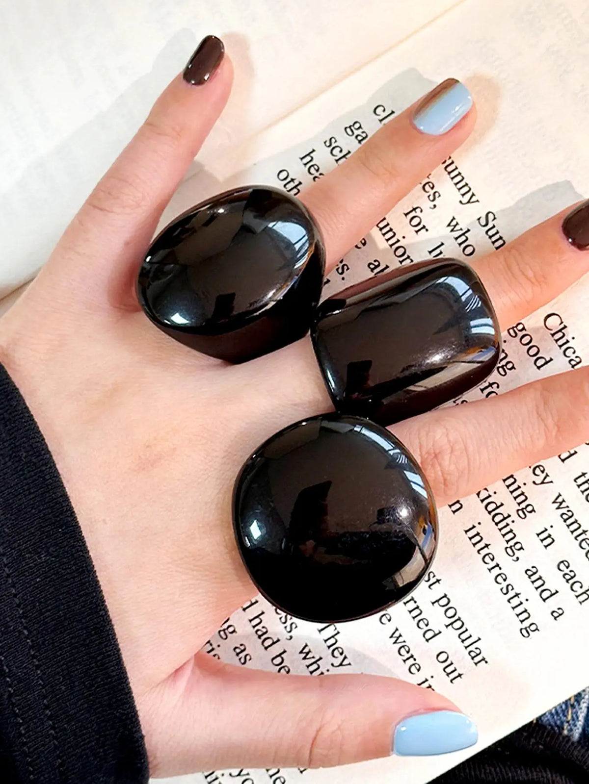 Geometric Minimalist Versatile Black Resin Round Square Statement Ring Set
