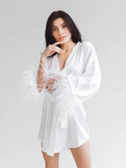 Feather Bathrobes Satin Sexy Robe