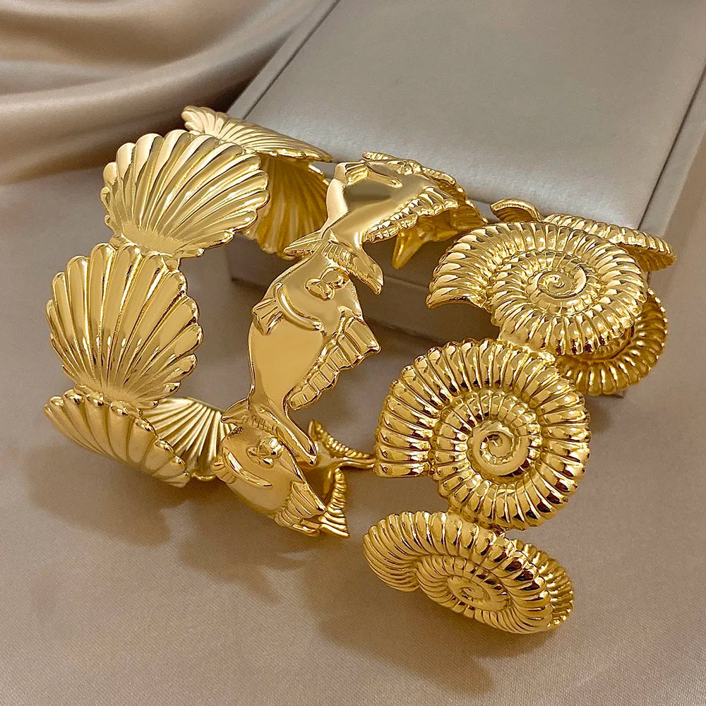 Gold Stainless Steel Open Exaggerated Fish Conch Shell Chunky Bangle Bracelets