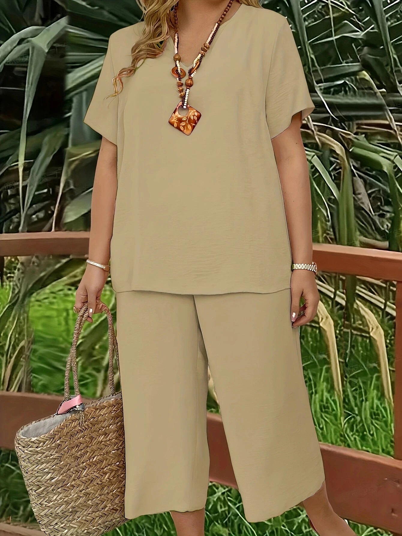 Plus size casual elegant short-sleeved top and wide-leg pants