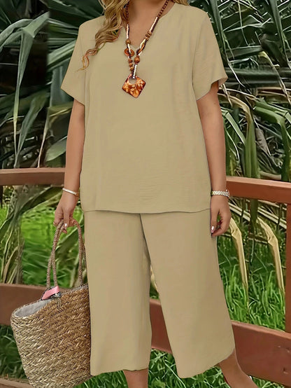 Plus size casual elegant short-sleeved top and wide-leg pants